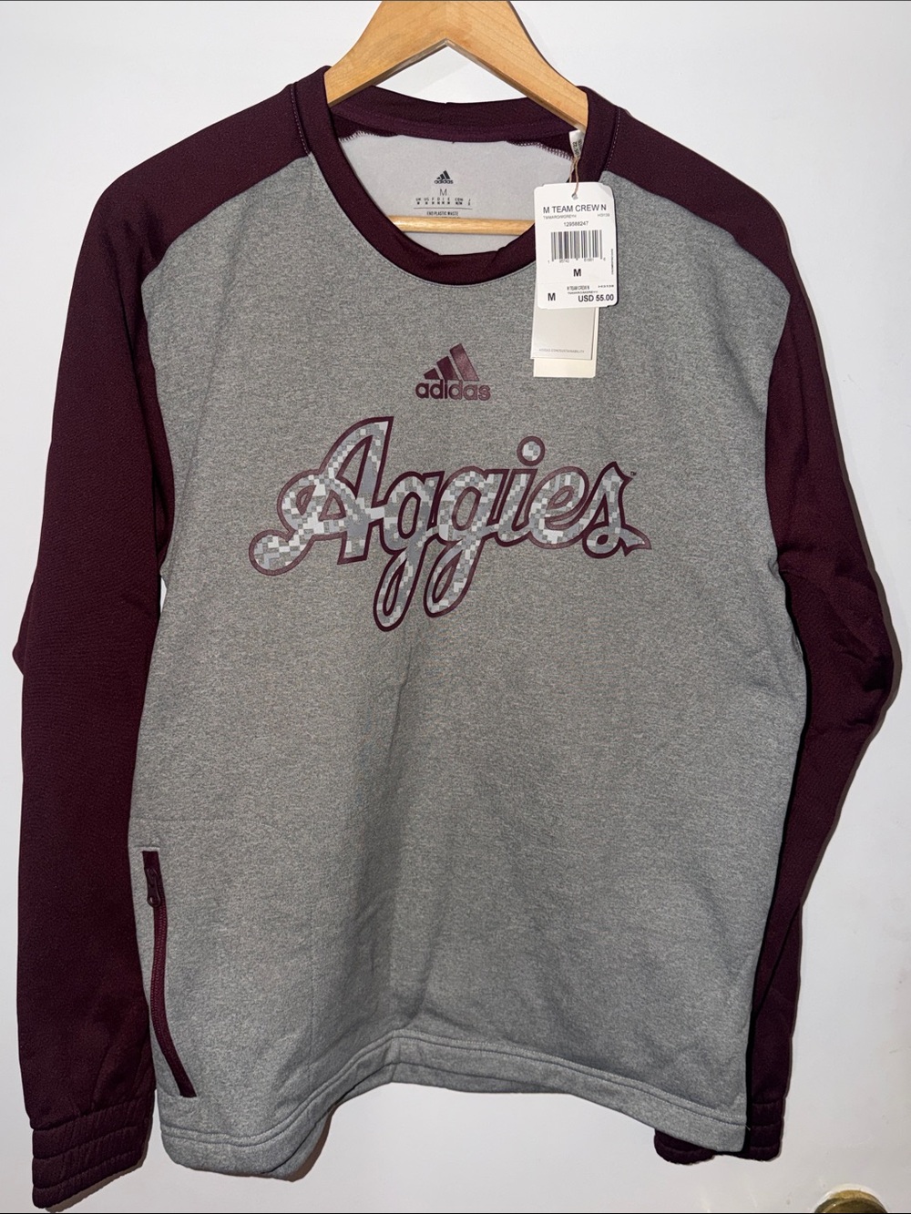 Team Issued adidas Men's 'Aggies' Crewneck Sweatshirt - Gray & Maroon. NWT